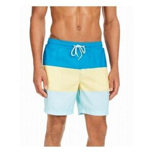 NWT CLUBROOM Mens Teal Drawstring Lined Color Block Classic Fit Swim Trunks S